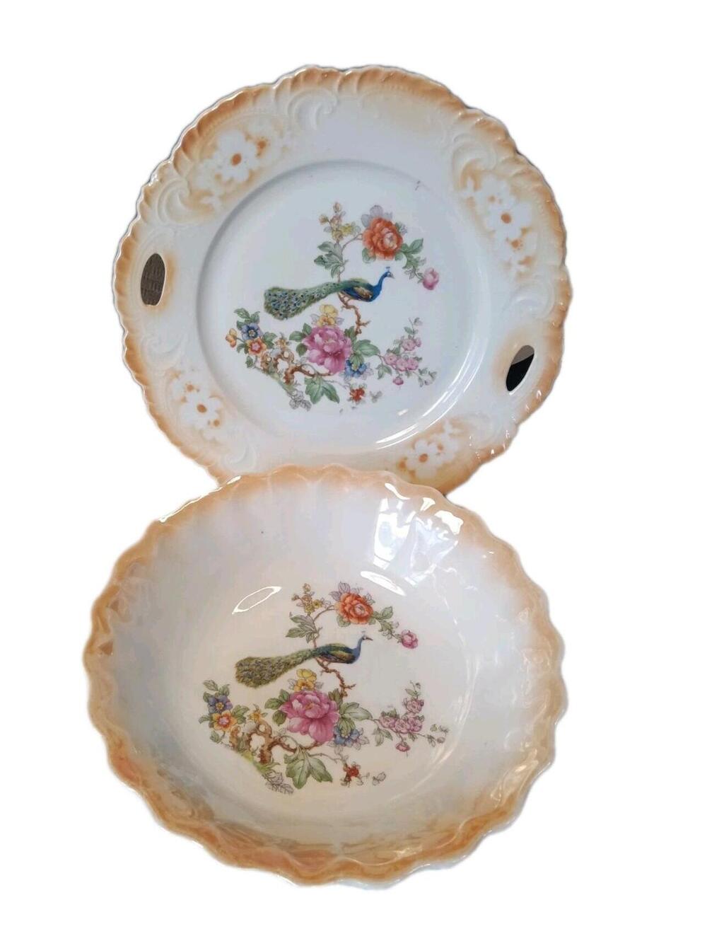 Antique 1920s Bavaria Germany Lusterware Peacock Serving Bowl and Handled Plate